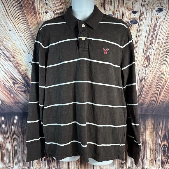 American Eagle Outfitters Other - American Eagle Mens Size Large Brown White Stripe Long Sleeve Button Polo Shirt